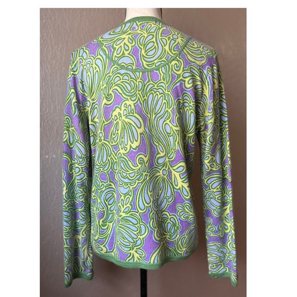 Sigrid Olsen Knit Cardigan Large Green Women's Purple Floral Silk Angora Beaded - Picture 2 of 15